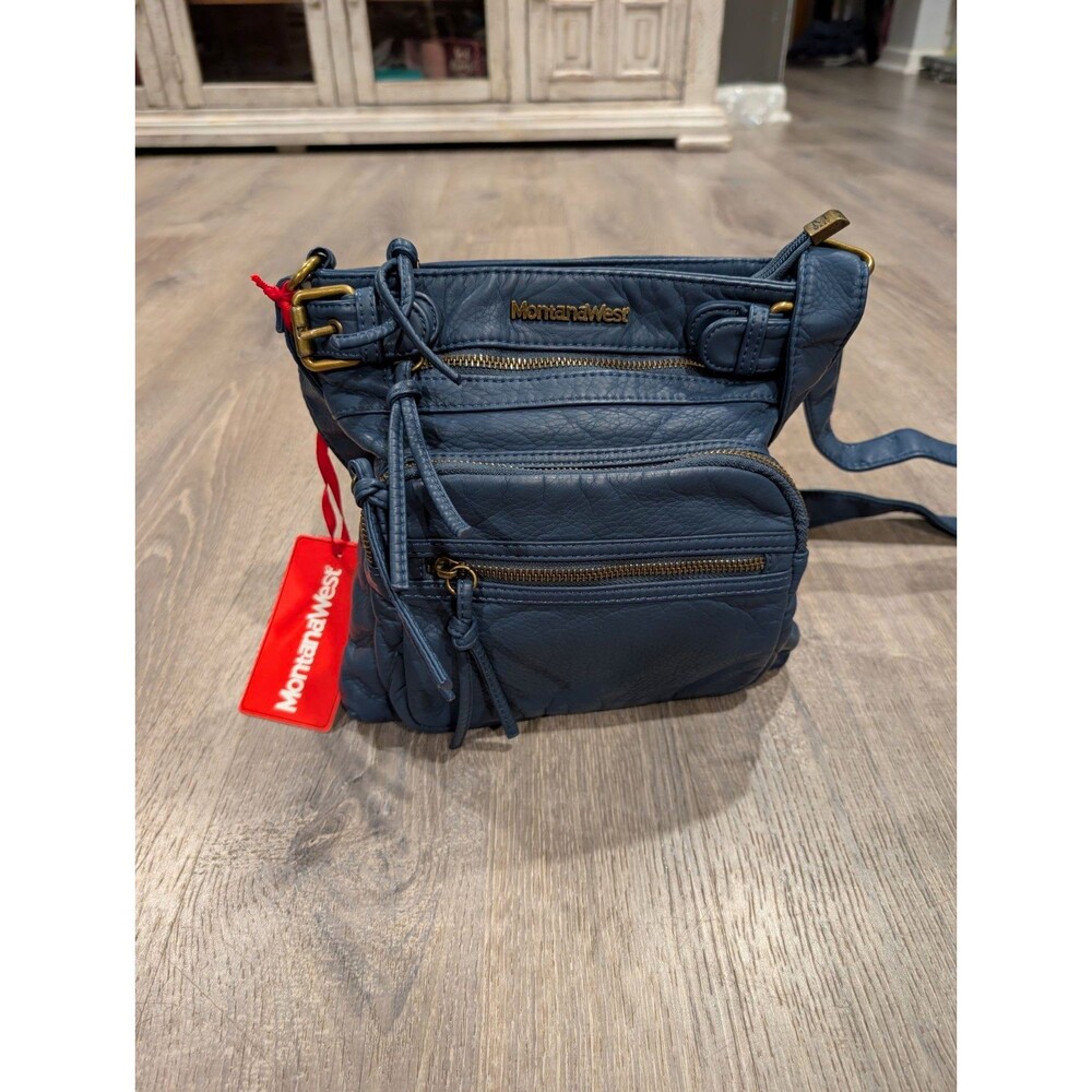 NWT Montana West Select Navy Blue Faux Leather Multi Pocket Crossbody Bag Purse